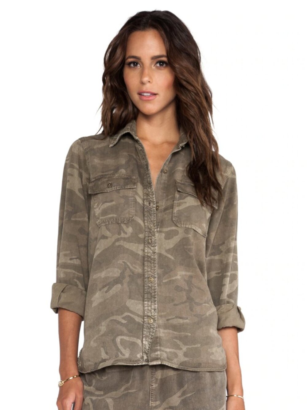 CURRENT/ELLIOTT The Perfect Shirt Green Army Camo Cotton Button Up Shirt, Size S